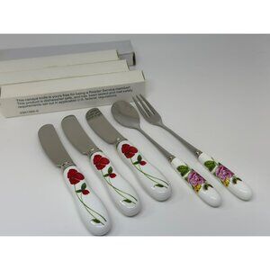 VTG Stainless Steel Porcelain Cheese Knife Spoon Set With Floral Ceramic Handles